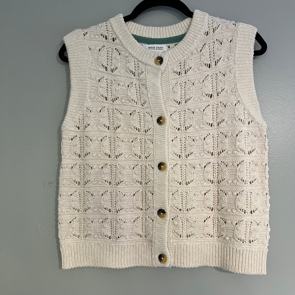 White Stuff Organic Cotton Pointelle Knit Button Front Sweater Vest Cream M
